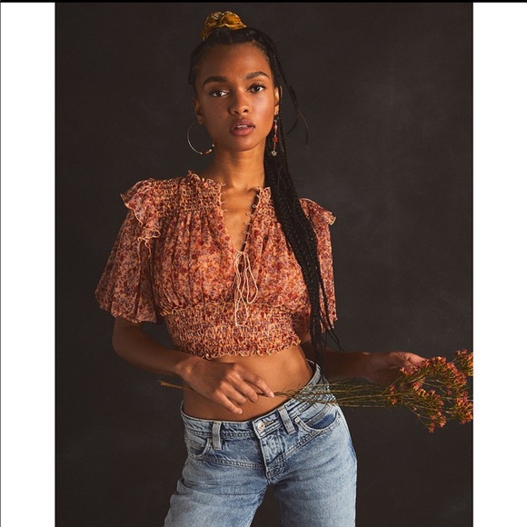 🟩Beatrice Floral Print Cross Tie Neck Short Ruffle Puff Sleeves Smocked Hem Top - Picture 1 of 4